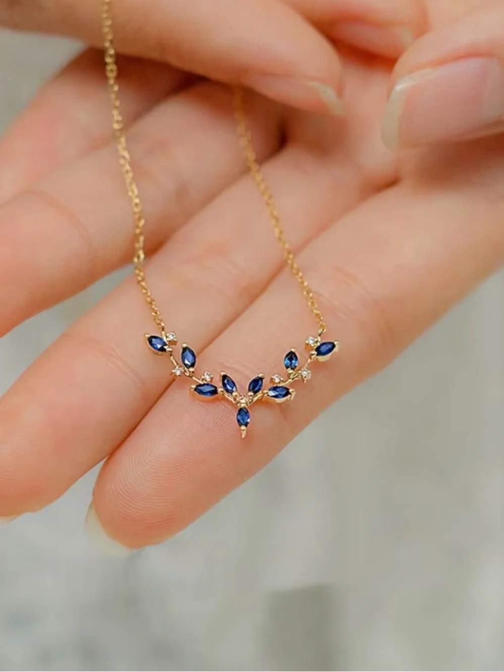 New Deer Antler Pendant  Necklace for Women Gold Plated  Deep Sea Blue Zirconia